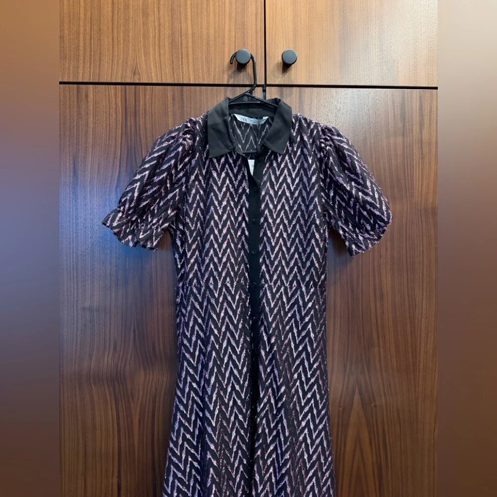 NWT Zara Black and Pink Metallic Chevron Maxi Dress - Picture 1 of 7